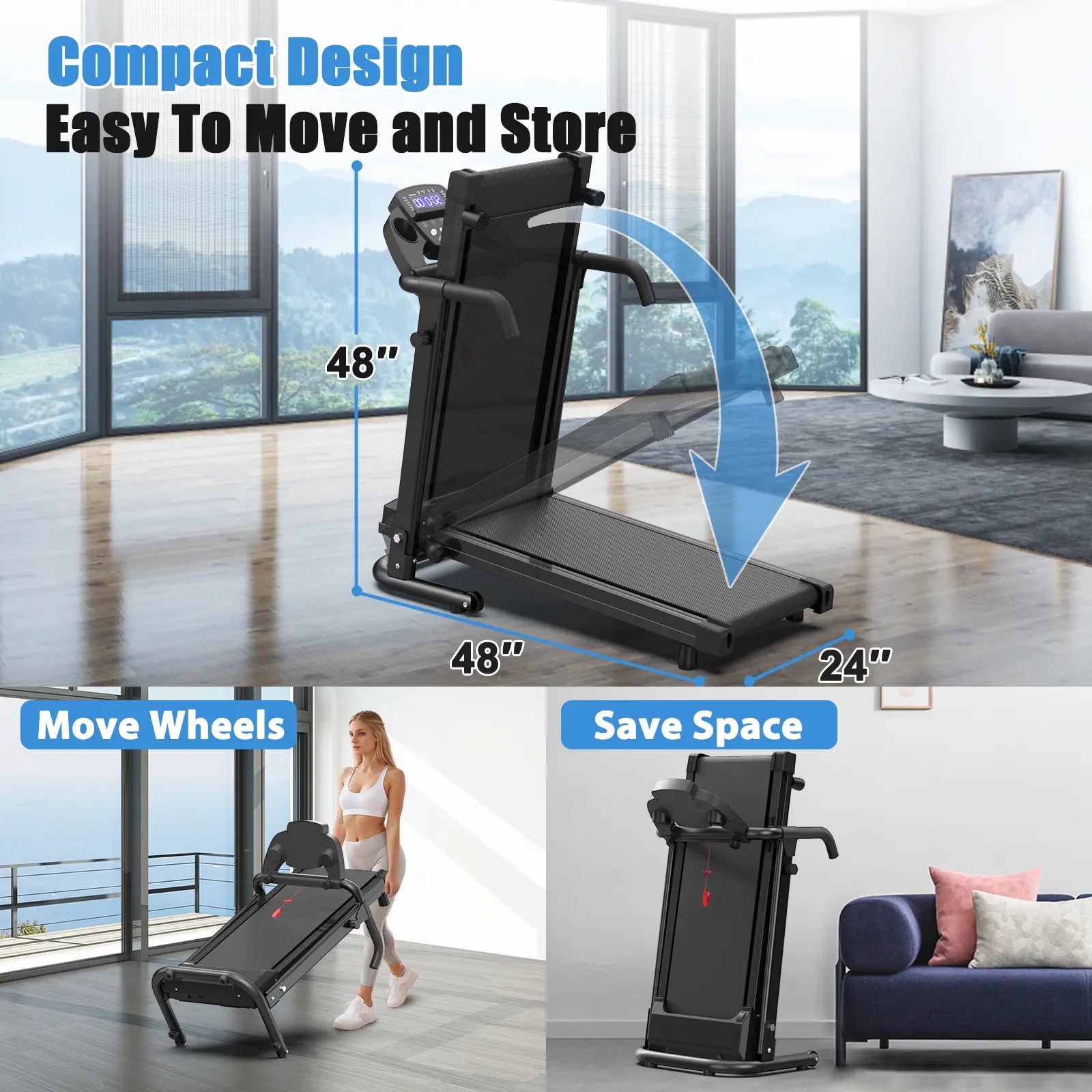 Foldable Home Treadmill - Motorized Walking Pad with 2.5HP Motor, 300 lbs Capacity, APP Control, LED Display, Compact Design